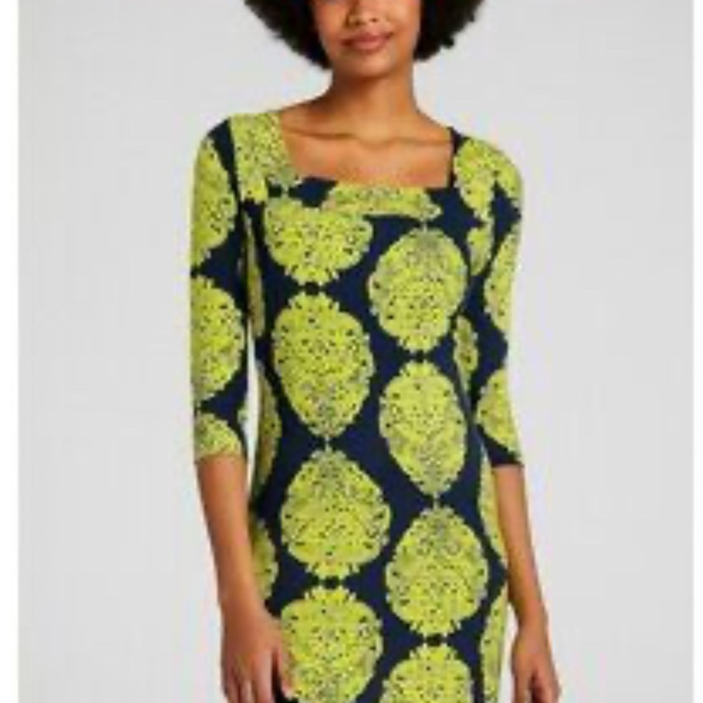 Lilly Pulitzer  navy and lime midi shift dress 100% silk